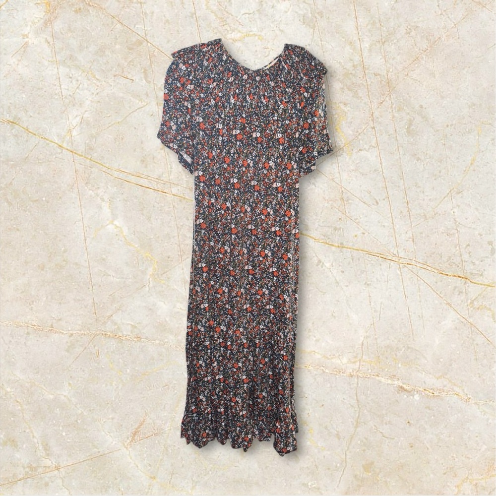 Boden Smocked Yoke Jersey Midi Dress Floral Short Sleeve Belted Women Sz 10R EUC
